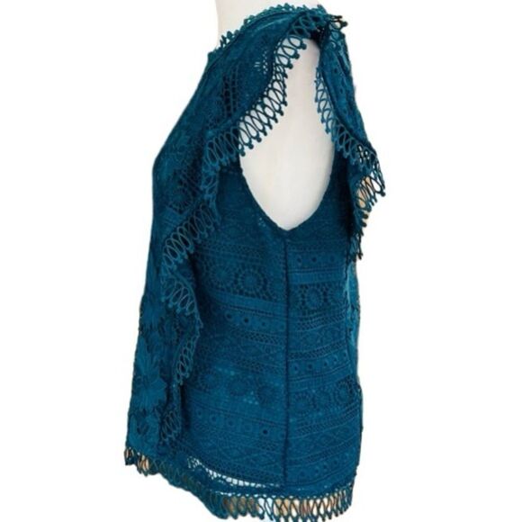 Anthropologie Guest Editor Teal lace ruffle sleeve, 100% polyester, lined, sz M - Picture 5 of 7